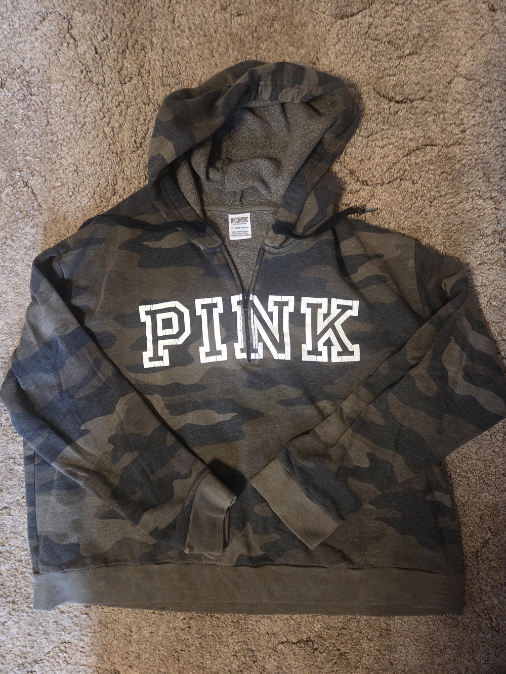 PINK Victoria's Secret Olive Camo Half-Zip Hoodie with White Logo